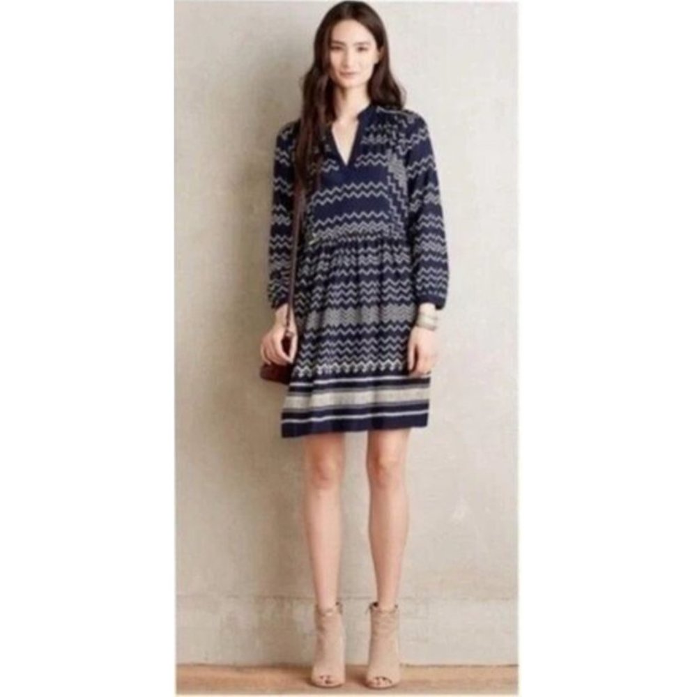 Holding Horses Farica Chevron Dress Long Sleeve Anthropologie Large Navy Blue